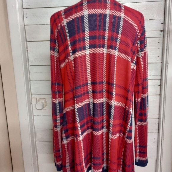 Say What 2X Cardigan Red Blue Plaid Contrast Trim Open Front Long Sleeve Stretch - Picture 4 of 11